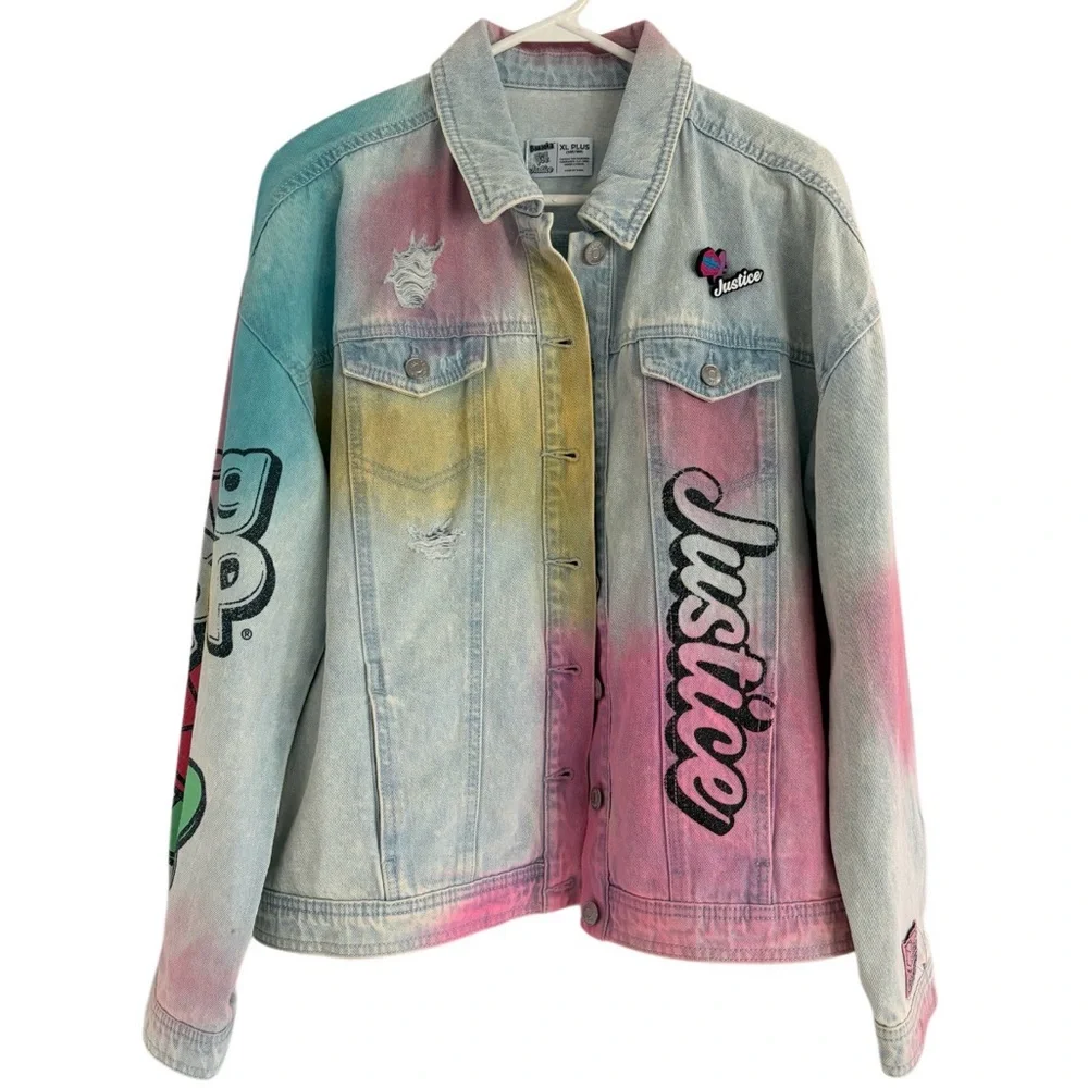 Justice Girl’s Ring Pop Bazooka Collab Denim Jean Jacket Size XL Plus 16-18